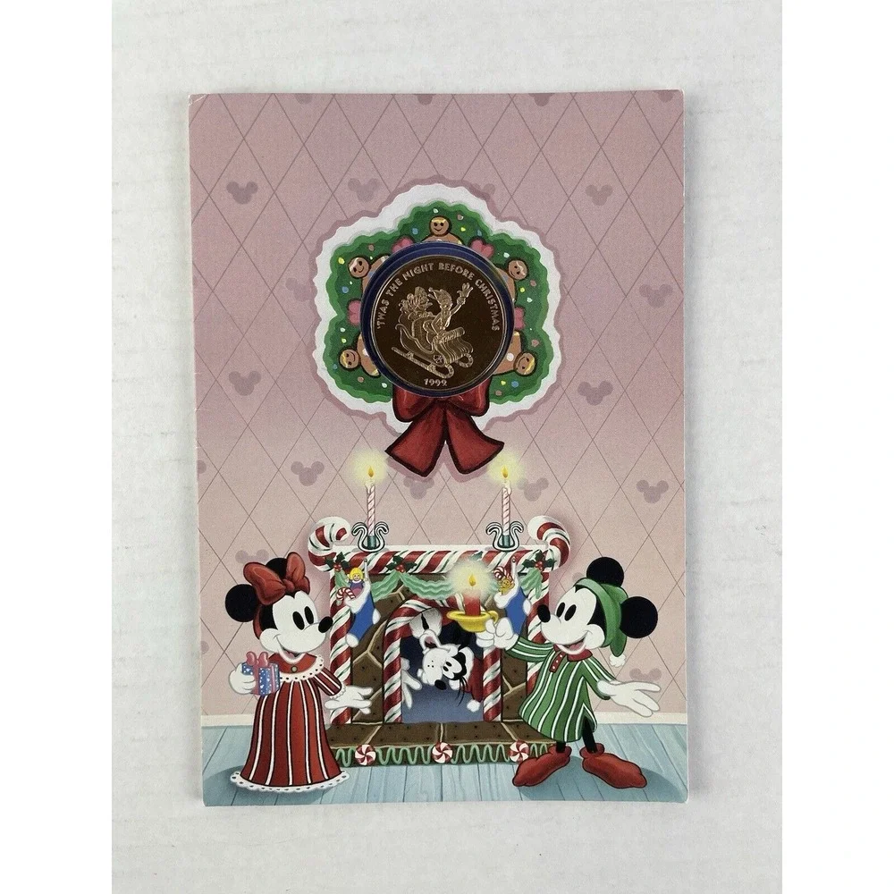 1992 Disney Twas The Night Before Christmas Mickey & Minnie Card & Medallion Set